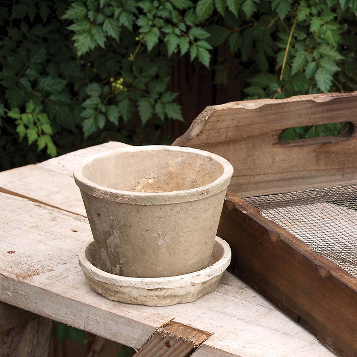 Antiqued White Pot with Saucer, Small