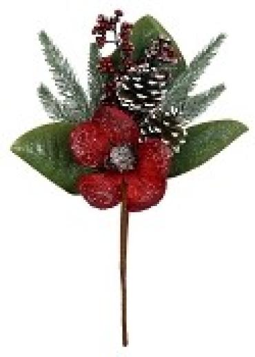 Red Magnolia Pick With Pine Cone