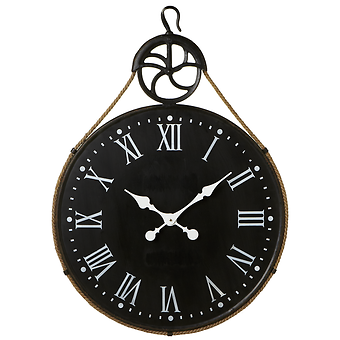 Distressed Black Wall Clock with Pulley